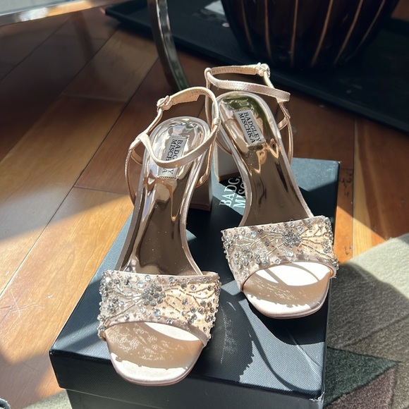 Badgley Mischka Blaine Embellished Block Heel Latte Satin - Picture 5 of 13